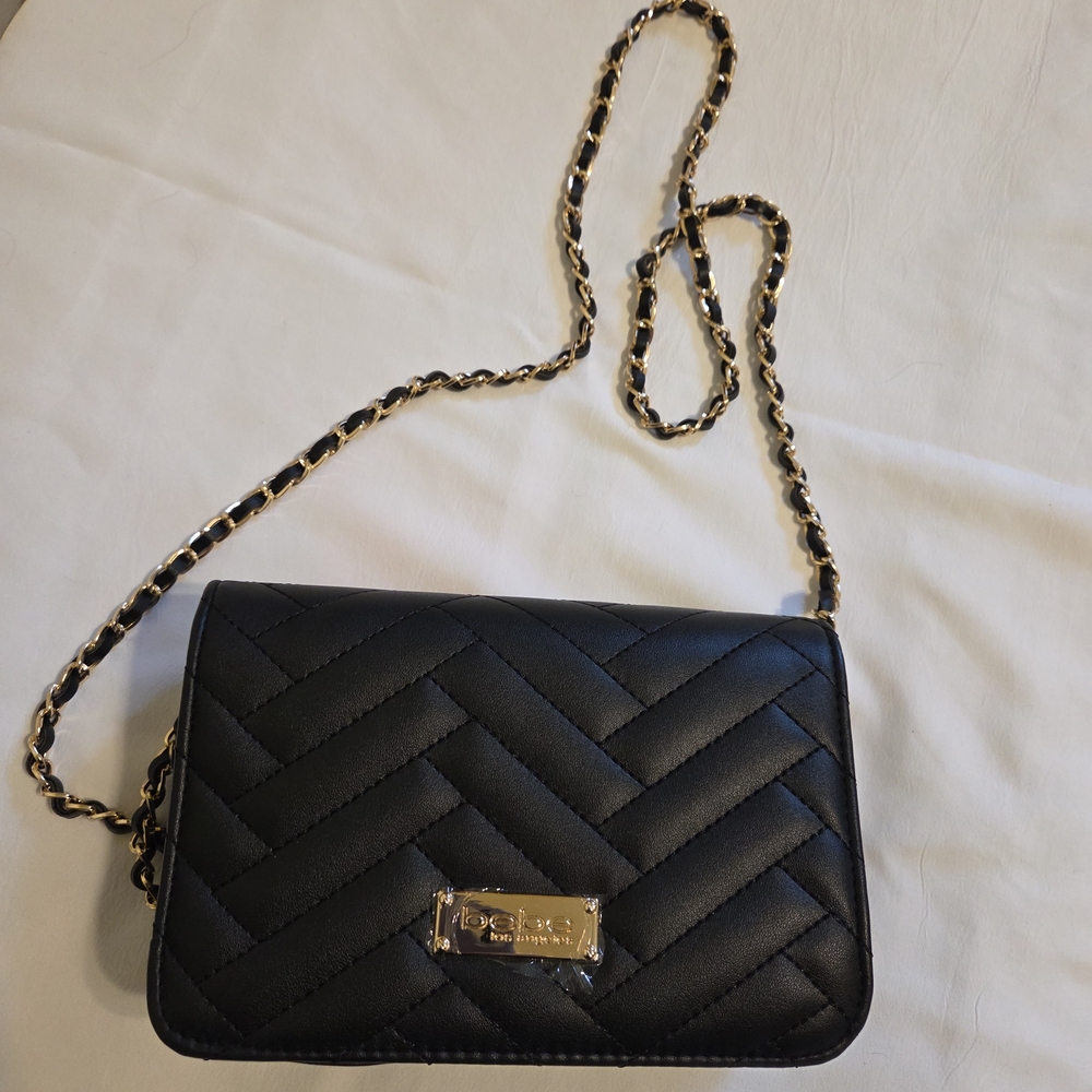 bebe Black Leather Crossbody Bag with Gold Chain